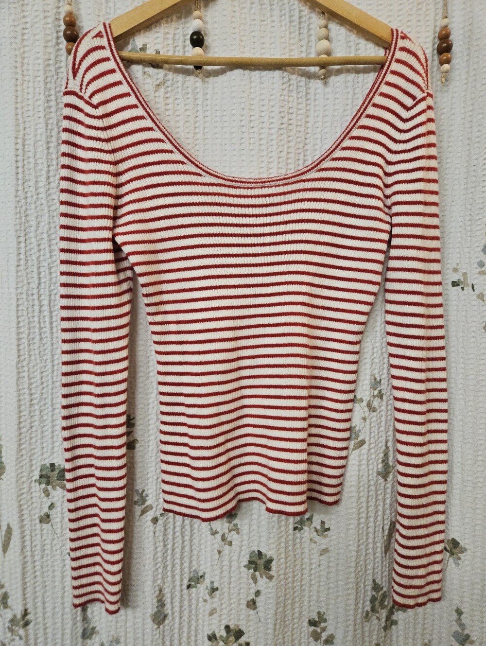 Unsubscribed Cotton Silk Cashmere Striped Ribbed Knit Top Red White Scoop Neck M